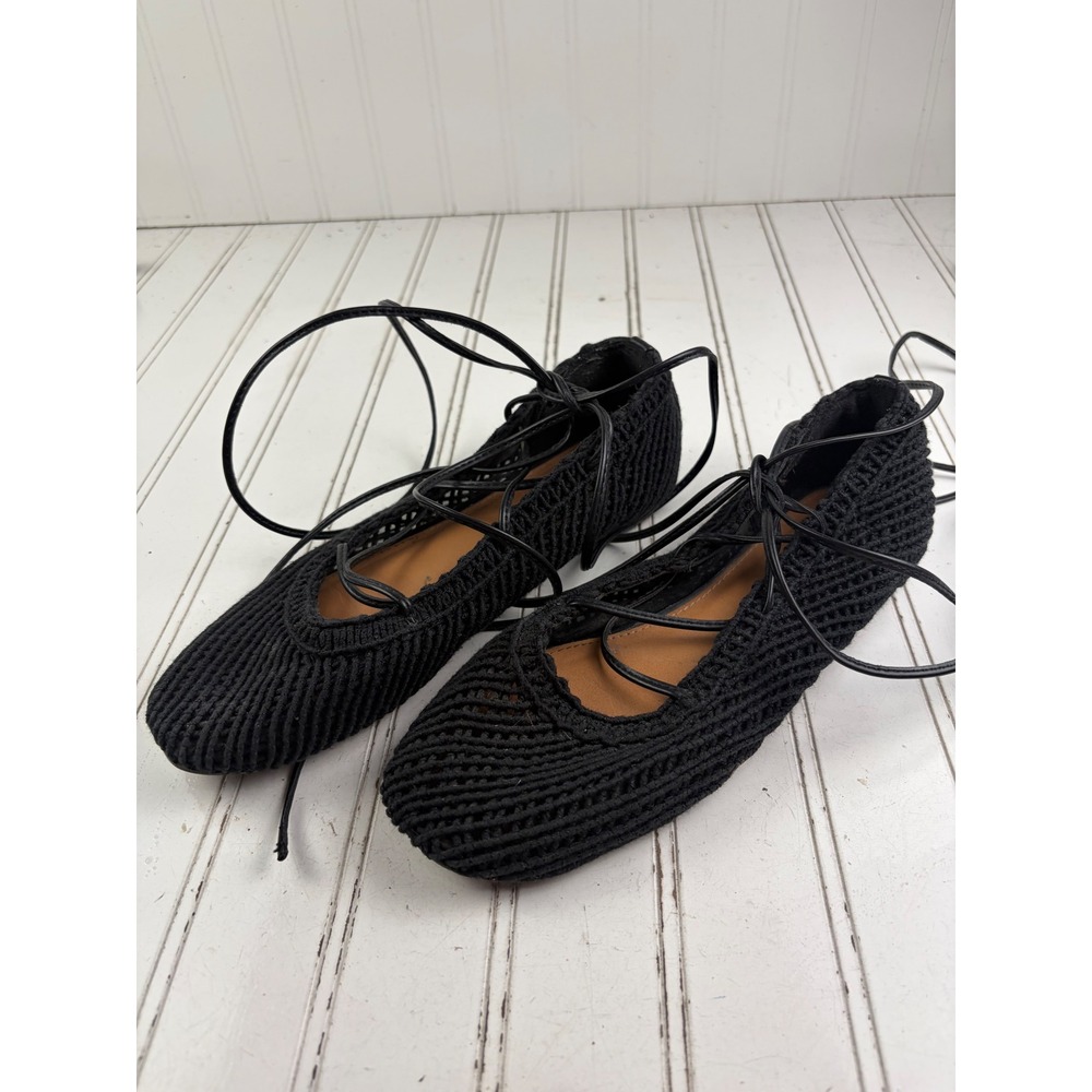 Vintage Y2K Black Woven Crochet Lace Up Ballet Flats Women's Size 7 - Picture 3 of 9